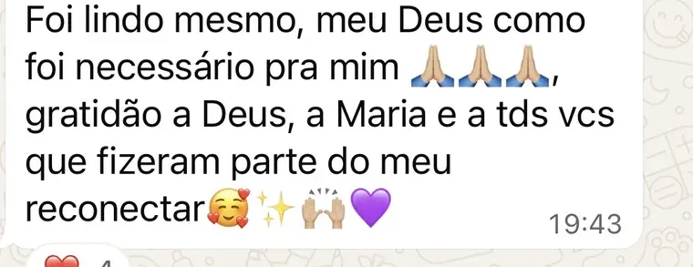 Mensagem de participante: foi lindo mesmo, como foi necessário para mim, gratidão a todas que fizeram parte do meu reconectar
