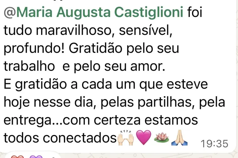 Mensagem de participante: gratidão por toda a partilha, pelo sentir, pelas conexões e curas profundas da alma