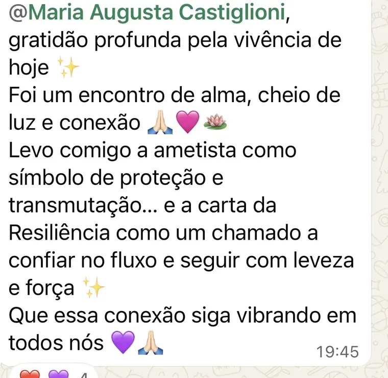 Mensagem de participante: gratidão profunda pela vivência de hoje, foi um encontro de alma, cheio de luz e conexão